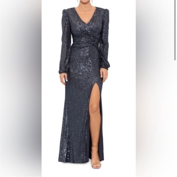 Xscape Dresses & Skirts - Xscape Navy Sequin Maxi Dress High Slit Prom Military Ball Mother of the bride.